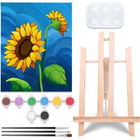 VOCHIC Paint and Sip kit Pre Drawn Canvas Painting Kit for Adults Kids, Canvas Painting Party Supplies Kit with Picture to Paint 1 Easel, 8 Acrylic Colors,3 Brush,1 Pallet Sunflower Art Set (8x10)