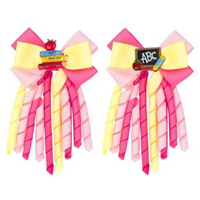 Back to School Hair Bows, Beleki Curly Ribbon Hair Clips for Girls Handmade Ribbon Bows with Book Blackboard Deco Hair Accessory for First Day of School - Yellow & Pink