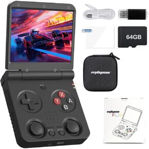 Miyoo Flip Retro Game Console ، نظام IPS Classic 3.5 بوصة و 3000 مللي أمبير من ألعاب الفيديو الرجعية ، مع بطاقة 64 جرام TF و Networt اللاسلكية وحدة وحدة التحكم في اللعبة غير الرسمية (أسود)