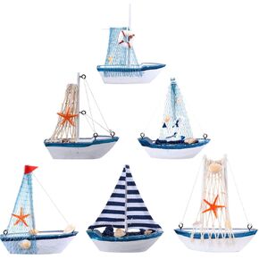 GARNECK Didiseaon 6Pcs Wooden Miniature Sailing Boat Mediterranean Style Miniature Mini Sailboat Model Fishing Boat Ornament for Home Nautical Decor (Colorful)
