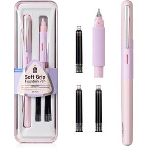 WRITECH Fountain Pen Soft Grip: Fine Nib Black Ink Pen with 3 Ink Cartridges and 1 Replacement Nib Set Smooth Writing for Journaling Calligraphy Gift (Pink)