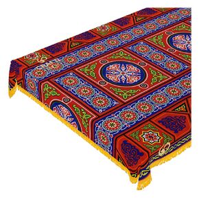 Ramadan Tablecloth Decorations – Handmade Tablecloth, Printed Egyptian Khayamiya Design, Colorful Red, Cotton Blend – 55"x70" (140x180 cm) Rectangle