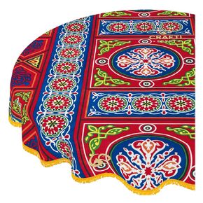 Ramadan Tablecloth Decorations – Handmade Tablecloth, Printed Egyptian Khayamiya Design, Colorful Red, Cotton Blend – 55" (140 cm) Round
