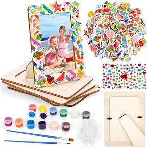 Fovths 24 Packs Summer Picture Frame Painting Craft Kit with 150 Stickers 2 Rhinestone Stickers Painting Tools Set 4 Brushes for DIY Kids Crafts Decorate
