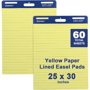 Comix Sticky Easel Pad, 25 x 30 Inches, Yellow Paper with Lines, Flip Chart Paper for Teachers and Students, Large Self Stick Easel Paper, 30 Sheets/Pad, 2 Pads/Pack