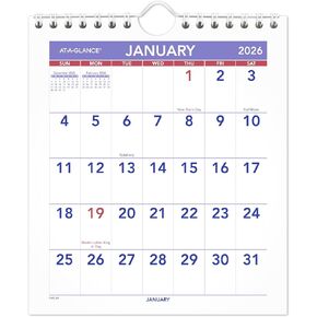 AT-A-GLANCE 2026 Wall Calendar, 6.5" x 7.5", Mini, Unruled Blocks (PM52826)