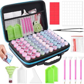 MERATIA 60 Slots Diamond Painting Storage Container, Diamond Art Kits for Adults Stackable Bead Organizer with Carrying Handle, Craft Storage Box with Accessories (Blue-60 Slots)