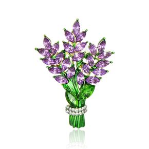 Lavender Flower Brooch Pins for Women Crystal Rhinestone Glass Bouquet Brooch Fashion Elegant Accessories Wedding Party Jewelry Gift (Lavender)