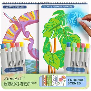 Lifelines FlowArt Activity Pad, 2-Pack - Guided Dot Art Meditations with Markers - Dot-by-Letter, Botanicals & Landscapes - Color by Number/Letter Coloring Books for Teens, Adults & Seniors