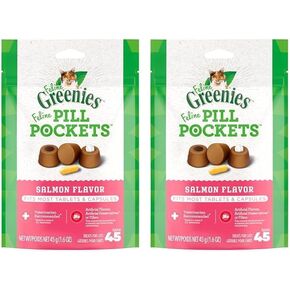 Greenies القطط الجيوب حبوب منع الحمل للقطط القطط ناعمة القطط الطبيعية ، نكهة سمك السلمون ، 1.6 أوقية. حزمة (45 علاج) (حزمة 2)