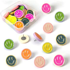 24 Smiley Face Decorative Push Pins, Cute Bulletin Board Push Pins, Thumbtacks for Cork Boards, Office Organization, or Home Décor (24-Colourful)