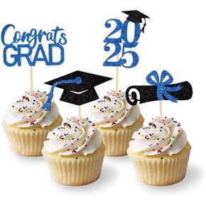 24Pack Glitter Graduation Cupcake Toppers Diploma Grad Cap Done Congrats 2025 Cupcake Picks Class of 2025 Cake Decorations for 2025 Graduation Theme Party Supplies(Gold)