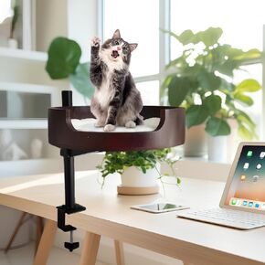 Cat Desk Bed- سرير قط خشبي قابل للتعديل لغرف المكتب المنزلي وغرف الدراسة ، مرفق أثاث هريرة سطح المكتب مع حصيرة الحيوانات الأليفة ، الكرة ، الماوس (كبير)
