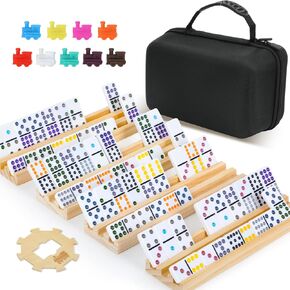 2-6 Players Mexican Train Dominoes Set with 6 Wooden Racks, 91 Tiles, Portable Case, Double 12 Dominos Set for Adults, Family Board Games for Adults, Valentines Day Gifts for Him Her Men Women Mom Dad