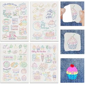 4 Sheets Colorful Water Soluble Embroidery Patterns Food Elements Kitchen Proverbs Stabilizer Embroidery Wash Away Embroidery Patterns Stencils Template for Sewing Hand Quilting