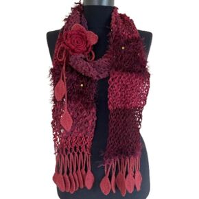 Claret Red ، وشاح Maroon المحبوك ، Crochet Laeaves Fringe ، Rose