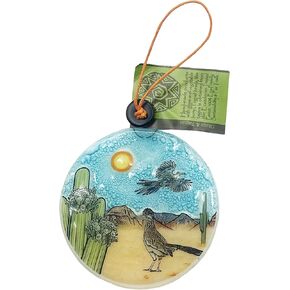 Glass Roadrunner Ornament (2.75" W x 2.75" H) - Recycled Glass Handmade Hand Painted Art - Western Souvenir Gifts - Christmas Holiday Decoration/Sun Catcher