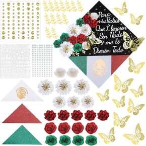 Humon 43 PCS Caps Cap Decorations Kit 2025 DIY Mexican Flag Cap Cap Toppers with Flowers ، Butterfly 3D ، أحجار الراين ، ملصقات عدد الأبجدية ، اللؤلؤ ، ورق بريق ، أوراق لقبعة Grad