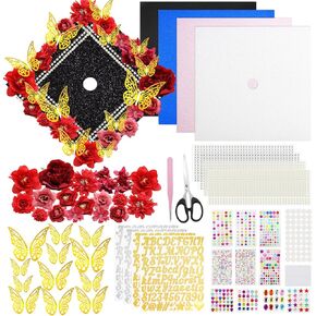 Zynery Graduation Cap Decorations Kit Grad Cap Topper Decord يشمل ورقًا بريقًا ثلاثي الأبعاد ، ملصقات حروف زهرة فواك