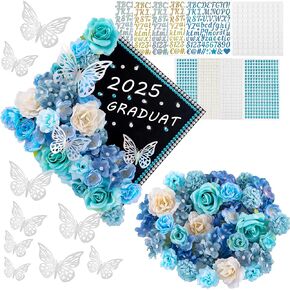 60 PCS Graduation Cap Decorations 2025Graduation Cap Decorations Kit 3DButterfly Stickers Graduation Cap Flowers DIY Graduation Cap Decorations Kit Graduation Party (Blue)