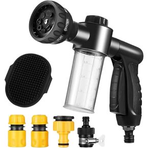 Variable Pressure 8 in 1 Sonic Suds Doggy Foam Cannon with Scrubber, Foam Gun, Hose & Faucet Attachment, Bathing & Showering Dog/pet, Save time and Energy! Black