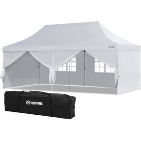 OUTFINE مظلة 10'X20' خيمة منبثقة مظلة شرفة تجارية مع 4 جدران جانبية قابلة للإزالة، حصص X12، حبال X6 لأحداث الحفلات الخارجية في الفناء