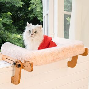 Cat Window Perch with Washable Bolster, Fluffy Cats Hammock Bed for Window, Adjust Wooden Seat for Kitten Bedside Windowsill, Wooden Cats Furniture(Medium White)