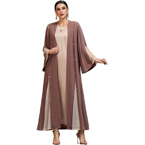 Handmade Beaded Open Front Robe Coat, Elegant Long Sleeve Outerwear Women's Modest Cover-Up, Mauve Brown