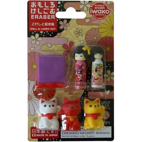 Omoshiro Miniature Eraser Set - Assembled Fun, Collectible, Play and Display Kokeshi Designs for Students, School Rewards, Prizes and Incentives (Japanese Snack)