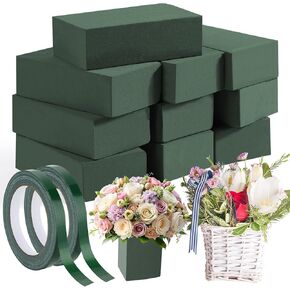 MAPVOLUT 10 Pcs Green Floral Foam Blocks with 2 Rolls Waterproof Floral Tape - 12mm x 65.62ft, for Fresh or Artificial Flower Arrangements, DIY Wedding, Home Decor, and Crafts (5.5"L x 3.1"W x 1.7"H)