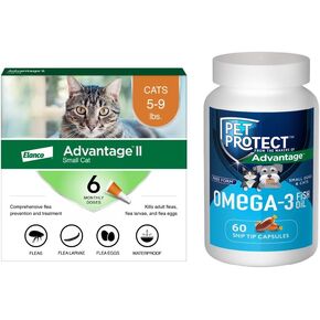 Bundle of Advantage II Small Cat 6-Month Supply + Pet Protect Omega 3 Supplement for Small Dogs & Cats 60 Capsules