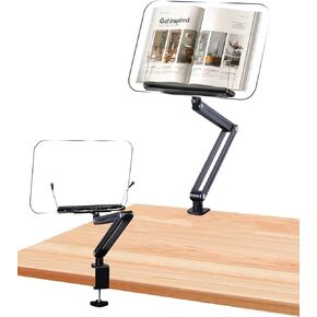 Book Stand with Clamp, Acrylic Desk Clamp Book Holder, 360° Cookbook Stand for Kitchen, Recipe Book Stand, Height and Angle Adjustable, Foldable and Portable for Office, Bible,Magazine,Laptops