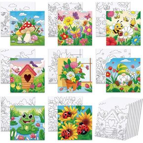 8 Packs Pre Drawn Canvas for Painting, 8" X 8" Pre Printed Canvas for Kids, Pre Stretched Canvas Outline Painting Boards for Beginners Students, Party Favor