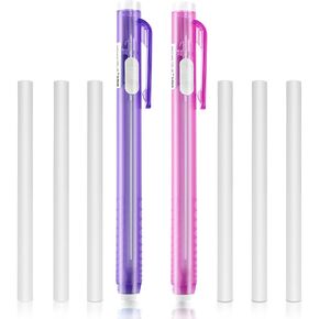 Retractable Mechanical Eraser Pen, 2pcs Pen Style Erasers with 6pcs Replacement Refills Portable Click Pencil Eraser for Drawing Art Drafting Sketching Office Writing(Color A)