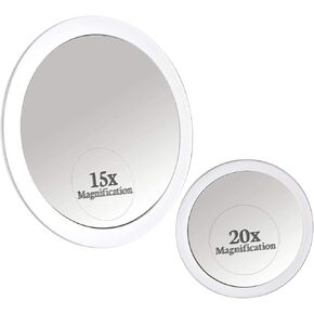 MIRRORVANA 20X & 15X Magnifying Mirror Set with 3 Suction Cups Each - Compact & Travel Ready Mirror for Makeup - Sizes: 6" and 4" Wide