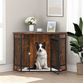 YITAHOME 52" Corner Dog Crate Furniture, Wooden Dog Kennel with Dog Cushion, Dog Kennel Corner Wooden End Table for Small Medium Large Dogs, Brown
