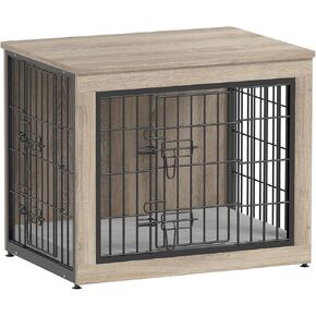 Piskyet Dog Dog Crate Furniture مع وسادة ، شبكة معدنية مقوَّضها بالخدمة الشاقة ، 27 بوصة طاولة قفص الكلب الخشبي مع الأبواب المزدوجة ، بيت الكلب الداخلي ، طاولة جانب قفص الكلب لسلالة صغيرة ، رمادي ، رمادي ، رمادي ، رمادي ،
