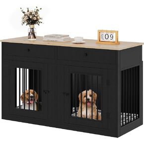 YITAHOME 60" Wooden Dog Crate Furniture with Removable Divider & Storage Drawers, Double Door Kennel with Locks for Medium and Large Dogs, Multi-Functional Dog Crate End Table for Indoor use, Black