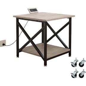 Large Printer Stand with Power Outlet, with Height Adjustable Storage Shelf, 2 Tier Rolling Printer Cart with Industrial Wheels, 23.6 x 23.6 Inches Printer Table for Home Office,Rustic Brown