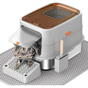 HTii-ë® Stainless Steel Cat Litter Box, Extra Large Litter Box for Cats, Enclosed Metal Kitty Litter Box with Litter Scooper, Odor-Urine-Proof, Non-Sticky, Easy Rinse Cleaning, Grey