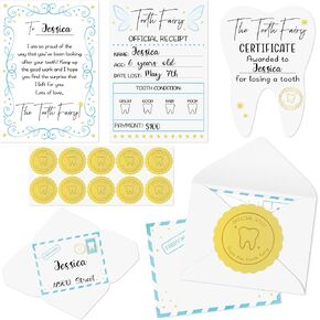 Mini Tooth Receipt Set - 20 Set Blue Tooth Cards with Envelope and Fairy Letter for Kids, Lost Teeth Certificate Keepsake Postmark Gift Bag with Seal Stickers for Girls Boys Home School Award