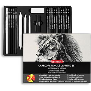 Drawing Sketching Pencil Set, 24 Piece Pro Artist Sketch Kit - Graphite Pencils (12B-4H),Charcoal Pencils for Drawing,Black and White Charcoal Pencils,Charcoal Sticks,Stumps,Eraser,Sharpeners