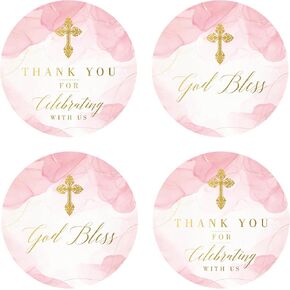Mobiusea Creation First Communion God Bless Baptism Stickers for Girls | 2 inch | Pink Gold Foil Cross| 60pcs Waterproof Christian Thank You Religious Stickers Baptism Favor Tag Labels