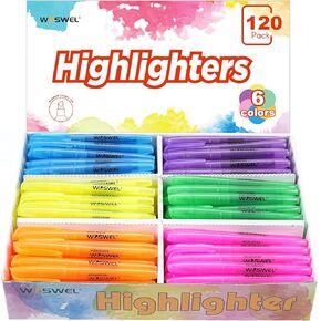 Highlighters Bulk ، WOSWEL 120 Pack 6 Colors Highlightling علامات عالية التأكيد على تسطير ، قلم القلم الفلورسنت الشفافة ، علامة على عريض ، مثالي للفصل الدراسي ، المكتب ، المنزل