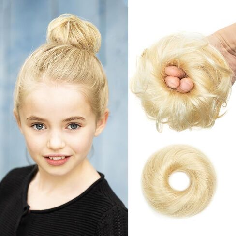 isheeny Messy Bun Hair Piece Children Natural Curly Updo Extension with Elastic Band for Girls - 100% Real Human Hair Tousled Bun Hairstyle - Ponytail Extensions Included Blond 2PCS in Saudi Arabia