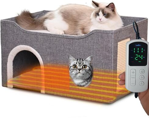Heated Cat Bed Indoor w/ 12V Electric Heating Pad, Thermal Warming Heated Pet Bed House for Indoor Cats w/Scratching Post, Covered Cat Cave Beds & Furniture Foldable Cat Hideaway, 24x16x15 in Saudi Arabia