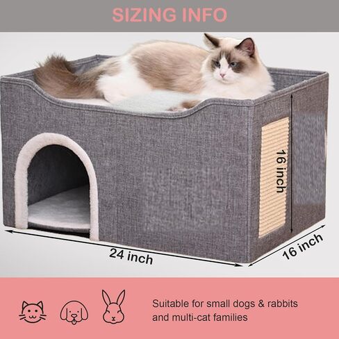 Heated Cat Bed Indoor w/ 12V Electric Heating Pad, Thermal Warming Heated Pet Bed House for Indoor Cats w/Scratching Post, Covered Cat Cave Beds & Furniture Foldable Cat Hideaway, 24x16x15 in Saudi Arabia