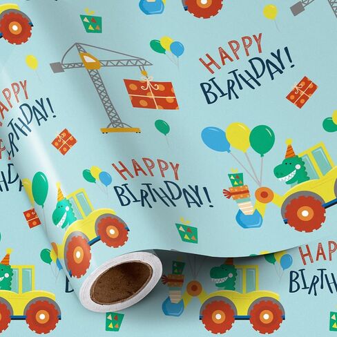 RUSPEPA 1st Birthday Boy Wrapping Paper - Mini Roll - Dinosaur Truck Happy Birthday Design for Boys' Birthday Party and More - 17 inches x 16.4 feet - 1 Year Old in Saudi Arabia