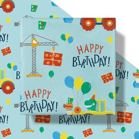 RUSPEPA 1st Birthday Boy Wrapping Paper - Mini Roll - Dinosaur Truck Happy Birthday Design for Boys' Birthday Party and More - 17 inches x 16.4 feet - 1 Year Old in Saudi Arabia