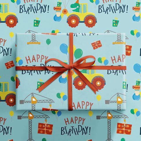 RUSPEPA 1st Birthday Boy Wrapping Paper - Mini Roll - Dinosaur Truck Happy Birthday Design for Boys' Birthday Party and More - 17 inches x 16.4 feet - 1 Year Old in Saudi Arabia